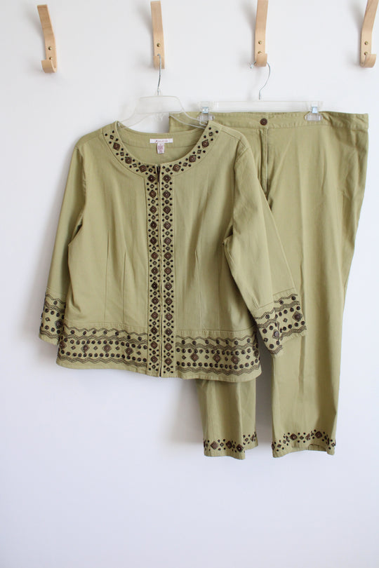 JM Collection Green Embroidered Beaded Capri & Jacket Set | 16
