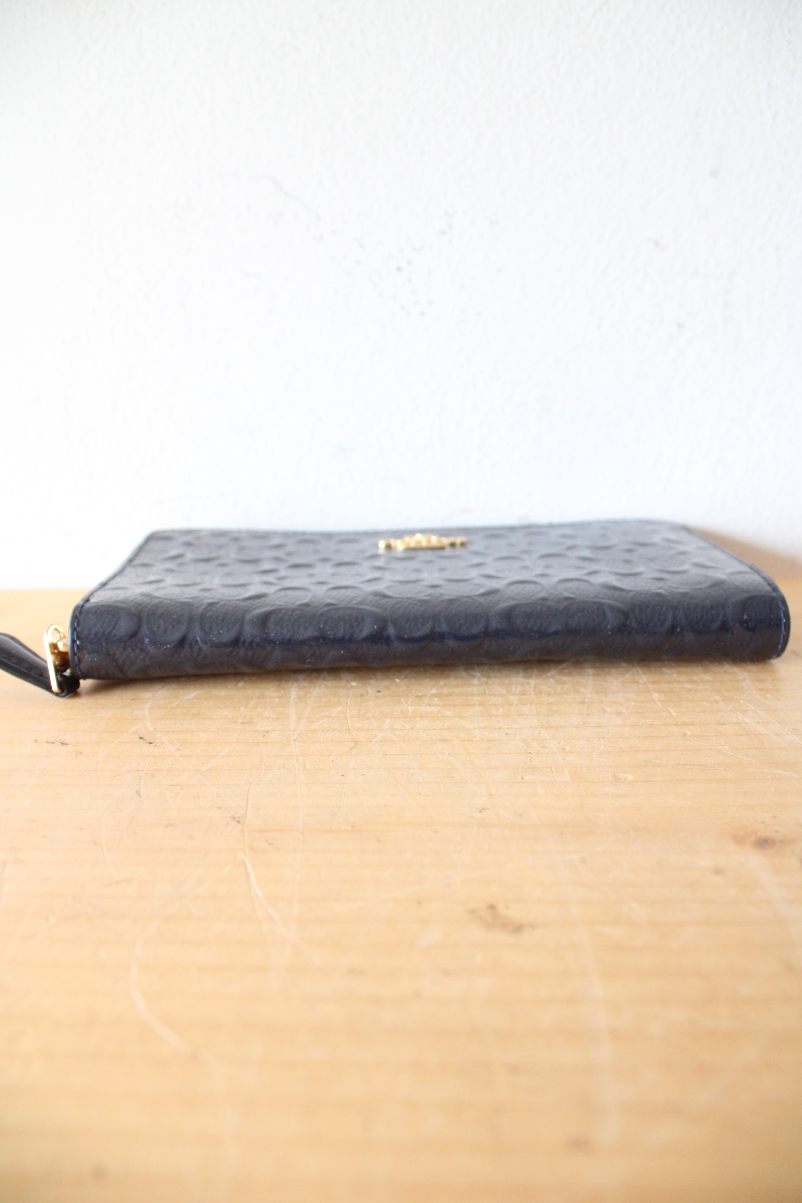 NEW Coach Signature Debossed Patent Leather Midnight Blue Accordion Zip Wallet