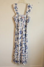 NEW SunnyBuy Maternity Ivory and Blue Floral Print Sleeveless Maxi Dress | L