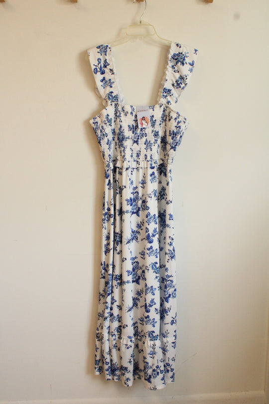 NEW SunnyBuy Maternity Ivory and Blue Floral Print Sleeveless Maxi Dress | L