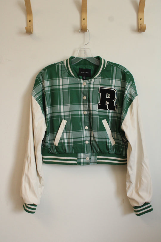 Love Tree Green Plaid Varsity Bomber Jacket | L