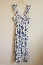 NEW SunnyBuy Maternity Ivory and Blue Floral Print Sleeveless Maxi Dress | L