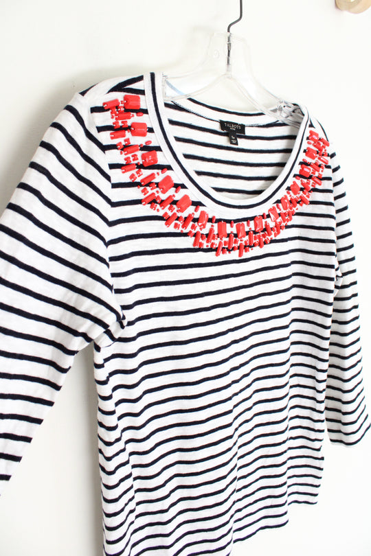 Talbots Navy & White Striped Red Beaded Top | S Petite