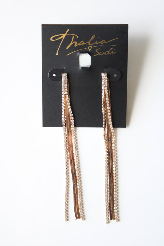 NEW Thalia Sodi Gold Herringbone & Rhinestone Chain Stud Dangle Earrings