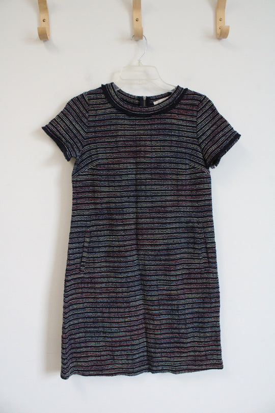 LOFT Navy Colorful Striped Textured Dress | 0 Petite