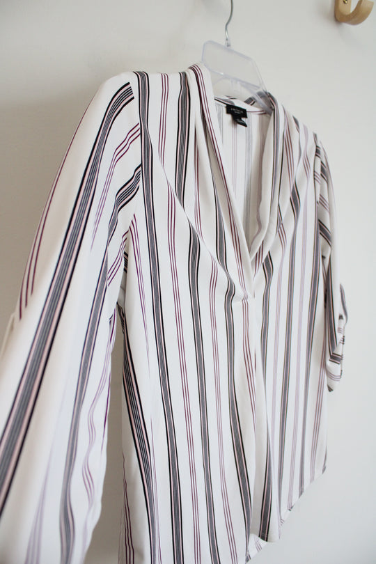Ann Taylor White Navy & Pink Stripe V-Neck Top | XS
