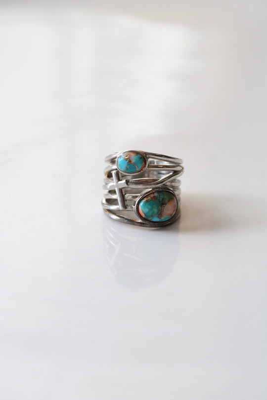 Turquoise Sterling Silver Stacked Cross Ring | Size 5.5