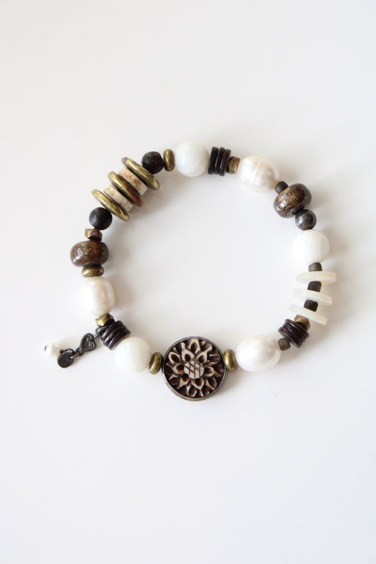 Silpada Genuine Pearl Sterling Abalone & Wood Beaded Bracelet