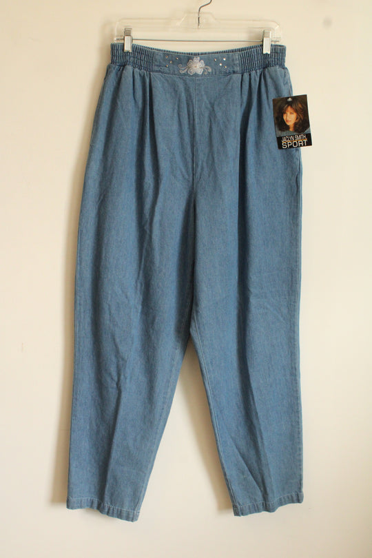 JaclynSmith Blue Jean Stretch Waistband Pants with Flower and Rhinestone Detail | L