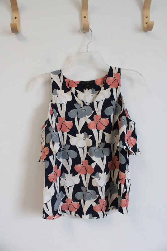 Ann Taylor Navy Blue Pink & Cream Floral Cold Shoulder Top | XXS Petite