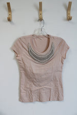 Ann Taylor Pink Beaded Neckline Top | XS Petite