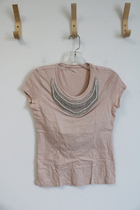 Ann Taylor Pink Beaded Neckline Top | XS Petite