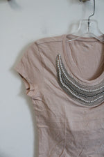 Ann Taylor Pink Beaded Neckline Top | XS Petite