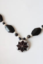 Black Glass & Genuine Pearl Beaded Abalone Shell Pendant Necklace