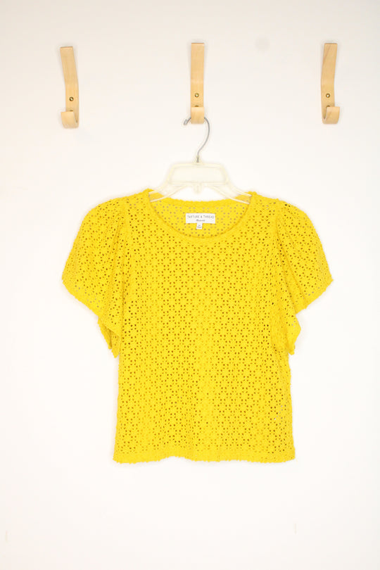 Madewell Texture & Thread Yellow Cutout Flutter Sleeve Top | XS
