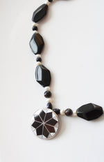 Black Glass & Genuine Pearl Beaded Abalone Shell Pendant Necklace