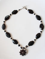 Black Glass & Genuine Pearl Beaded Abalone Shell Pendant Necklace