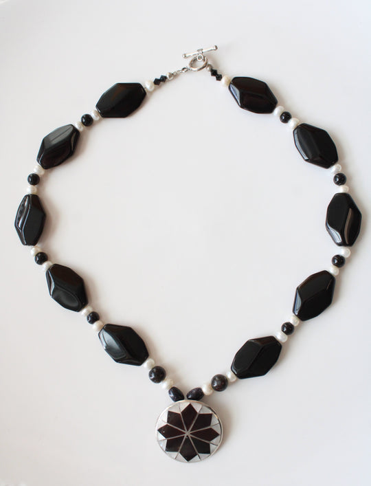 Black Glass & Genuine Pearl Beaded Abalone Shell Pendant Necklace