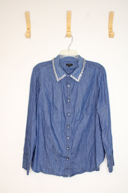 Talbots Plus Denim Blue Long Sleeve Button-up Shirt with Rhinestones | XL