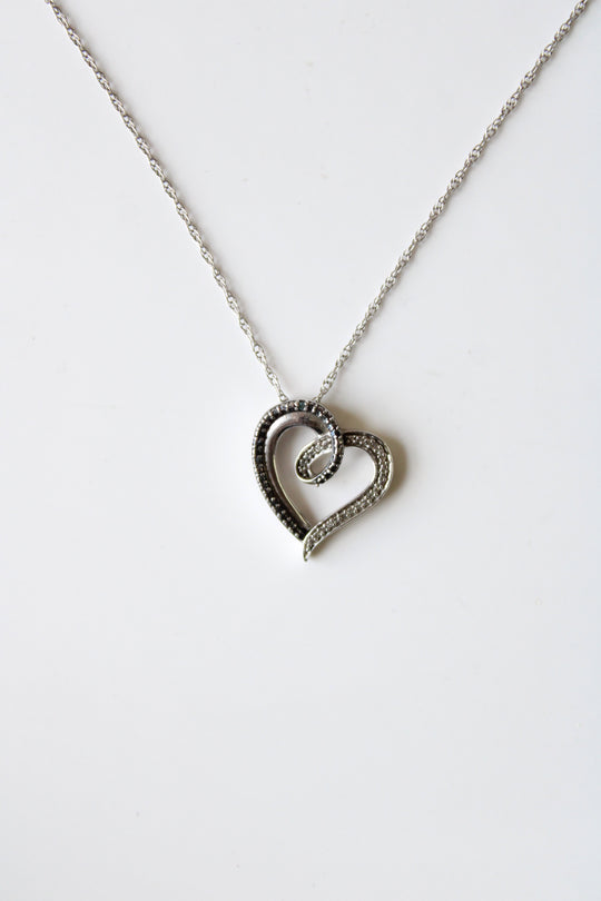 Black & Clear Stone Open Heart Sterling SIlver Necklace