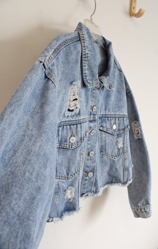 Shein Distressed Cropped Denim Jacket | L