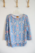 Ruby Rd. Blue & Orange Patterned Striped Beaded Neckline Top | L