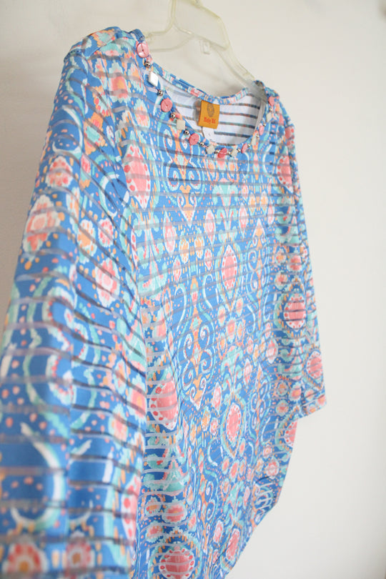 Ruby Rd. Blue & Orange Patterned Striped Beaded Neckline Top | L