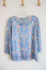 Ruby Rd. Blue & Orange Patterned Striped Beaded Neckline Top | L