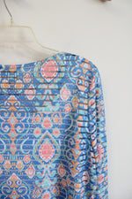 Ruby Rd. Blue & Orange Patterned Striped Beaded Neckline Top | L