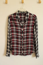 Catherine Malandrino Maroon Black White and Blue Mixed Plaid Button Down Shirt | S