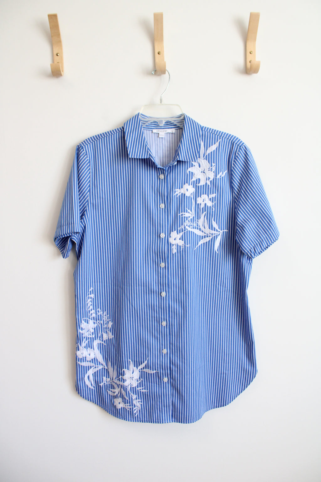 Chico's Blue & White Striped Embroidered Floral Button Down Top | 2 (L)