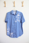 Chico's Blue & White Striped Embroidered Floral Button Down Top | 2 (L)