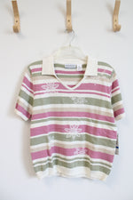 NEW Alfred Dunner Pink Green Tan & Cream Embroidered Floral Collared Top | XL Petite
