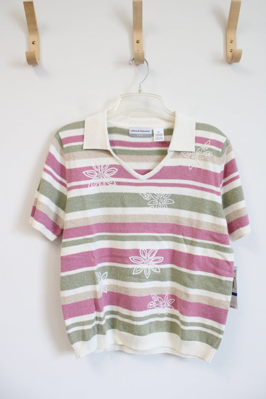 NEW Alfred Dunner Pink Green Tan & Cream Embroidered Floral Collared Top | XL Petite