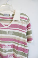 NEW Alfred Dunner Pink Green Tan & Cream Embroidered Floral Collared Top | XL Petite