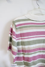 NEW Alfred Dunner Pink Green Tan & Cream Embroidered Floral Collared Top | XL Petite