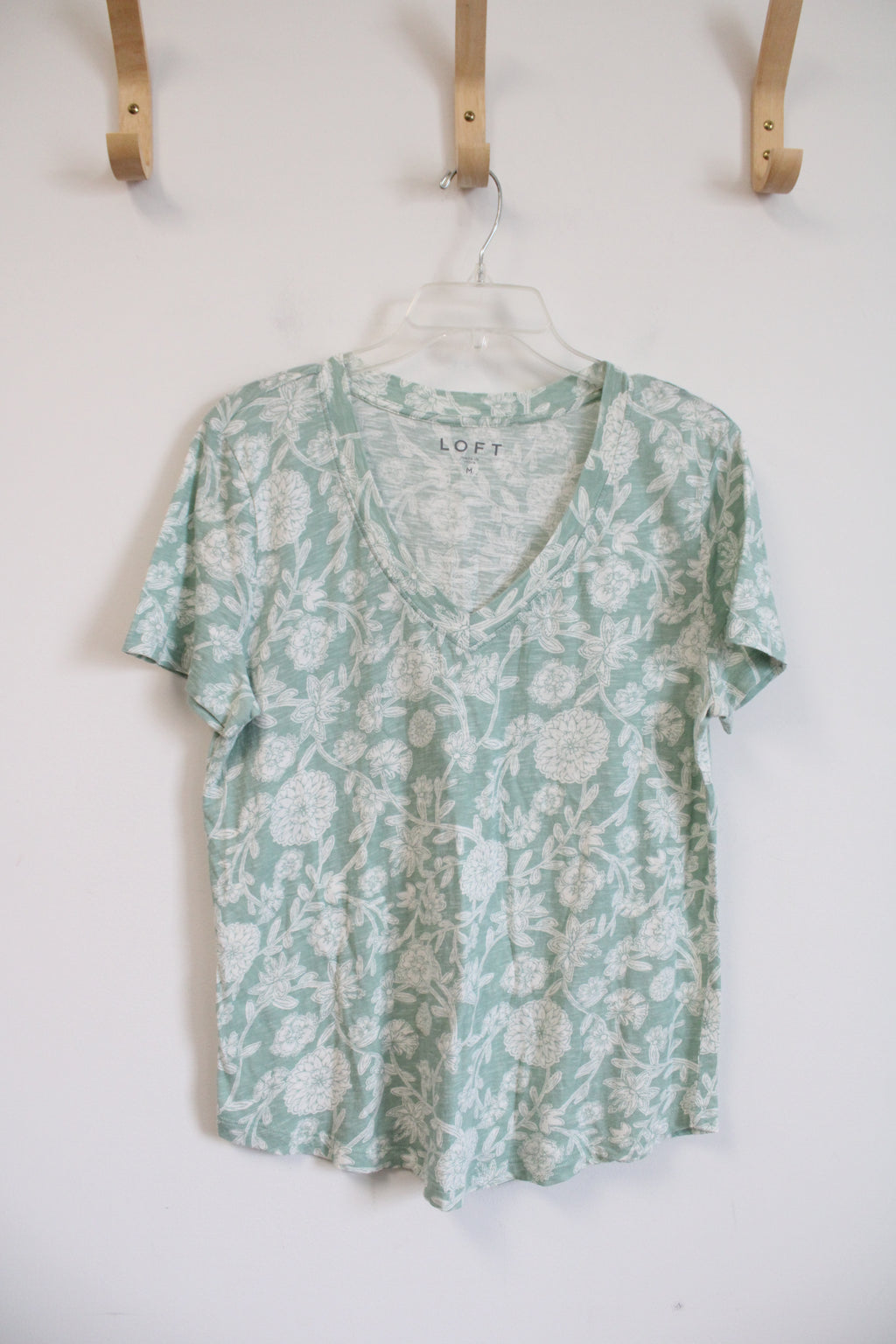 LOFT Green & White Floral V-Neck Top | M
