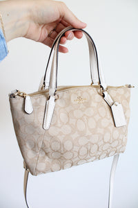 Coach Tan White Leather Monogram Mini Kelsey Satchel Crossbody Purse