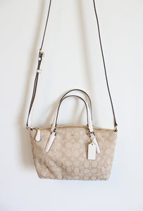 Coach Tan White Leather Monogram Mini Kelsey Satchel Crossbody Purse