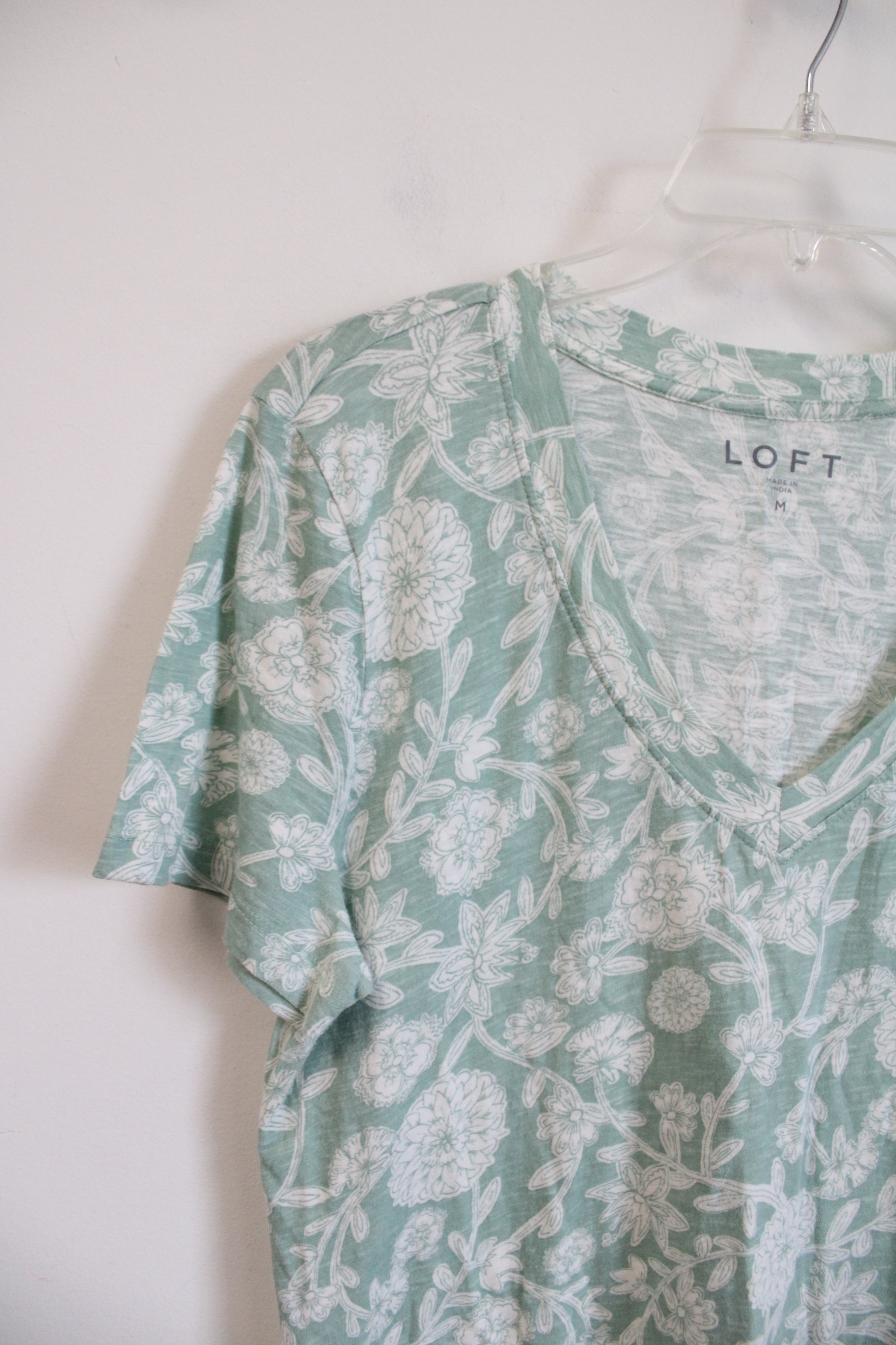 LOFT Green & White Floral V-Neck Top | M
