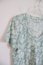 LOFT Green & White Floral V-Neck Top | M