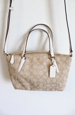 Coach Tan White Leather Monogram Mini Kelsey Satchel Crossbody Purse