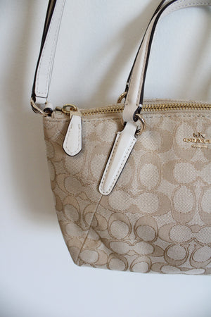 Coach Tan White Leather Monogram Mini Kelsey Satchel Crossbody Purse