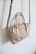 Coach Tan White Leather Monogram Mini Kelsey Satchel Crossbody Purse