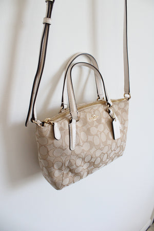 Coach Tan White Leather Monogram Mini Kelsey Satchel Crossbody Purse