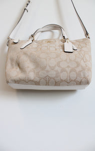 Coach Tan White Leather Monogram Mini Kelsey Satchel Crossbody Purse