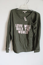 NEW Express One Eleven Olive Green "Love Will Rule The World" Slouchy Top | M