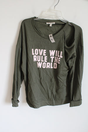 NEW Express One Eleven Olive Green "Love Will Rule The World" Slouchy Top | M