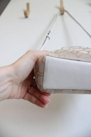 Coach Tan White Leather Monogram Mini Kelsey Satchel Crossbody Purse