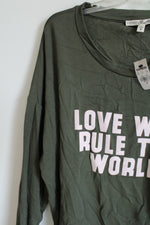 NEW Express One Eleven Olive Green "Love Will Rule The World" Slouchy Top | M